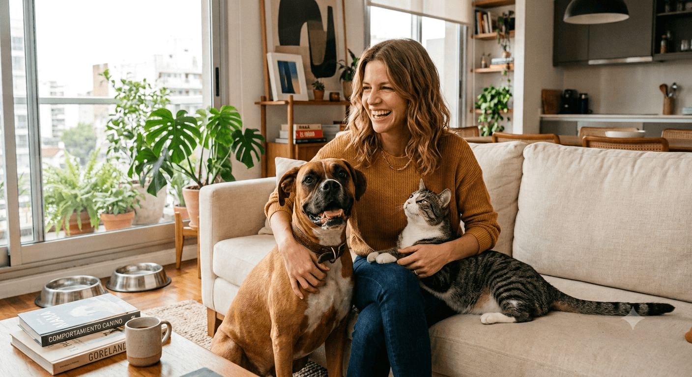 Dueña con su perro y su gato en el living de su casa